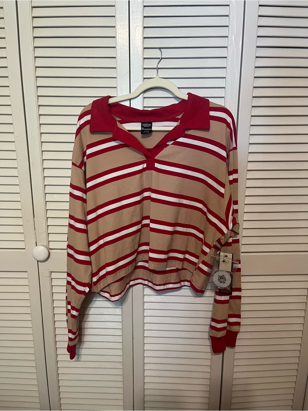 NWT Stranger Things Striped Collared Long Sleeve Crop Top in Beige and Red